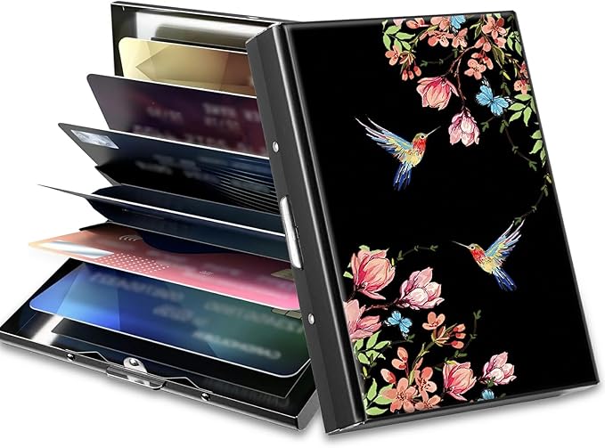 BWEGRHE Slim Credit Card Holder, Hummingbird Floral Sakura RFID Blocking Metal by BWEGRHE