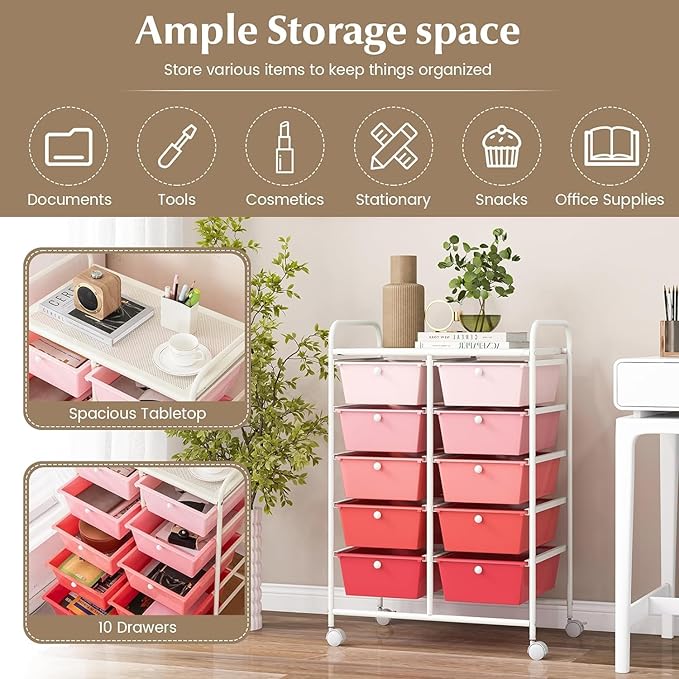 LDAILY 10 Drawer Rolling Cart, Storage Cart Organizer on Wheels, Drawer Cart - Image 5