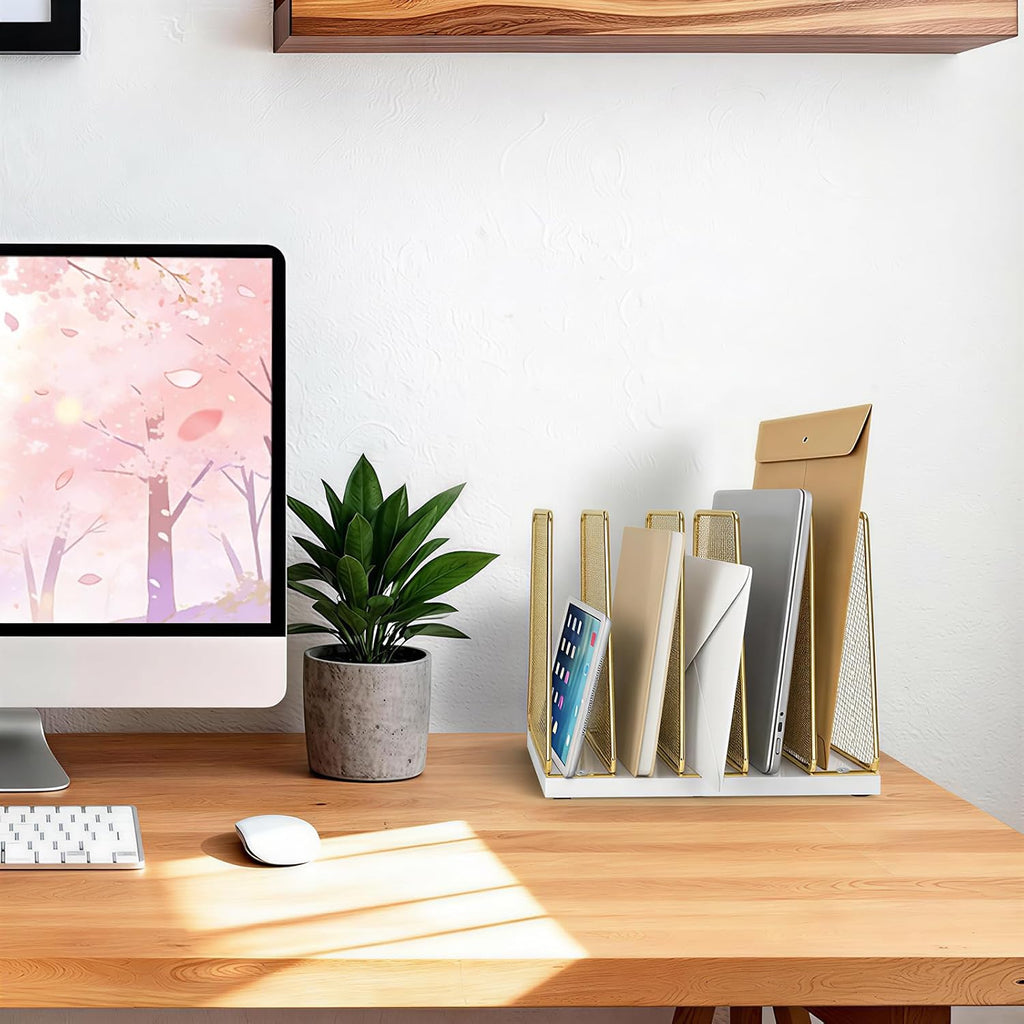 leketree gold desk file organizer, 5-section upright file shown in use