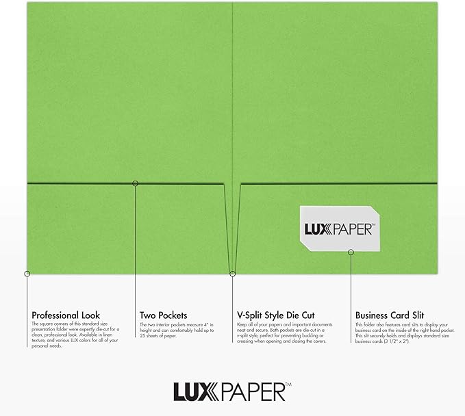 LUXPaper 9" x 12" Presentation Folders | Two Pocket | Limelight Green | 100lb. - Image 2