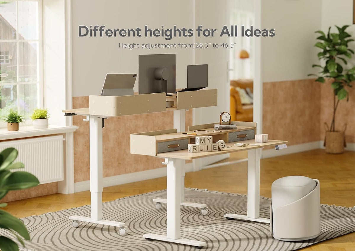 Claiks Standing Desk with Drawers & Wheels, 2 Height Shelf 55" Natural
