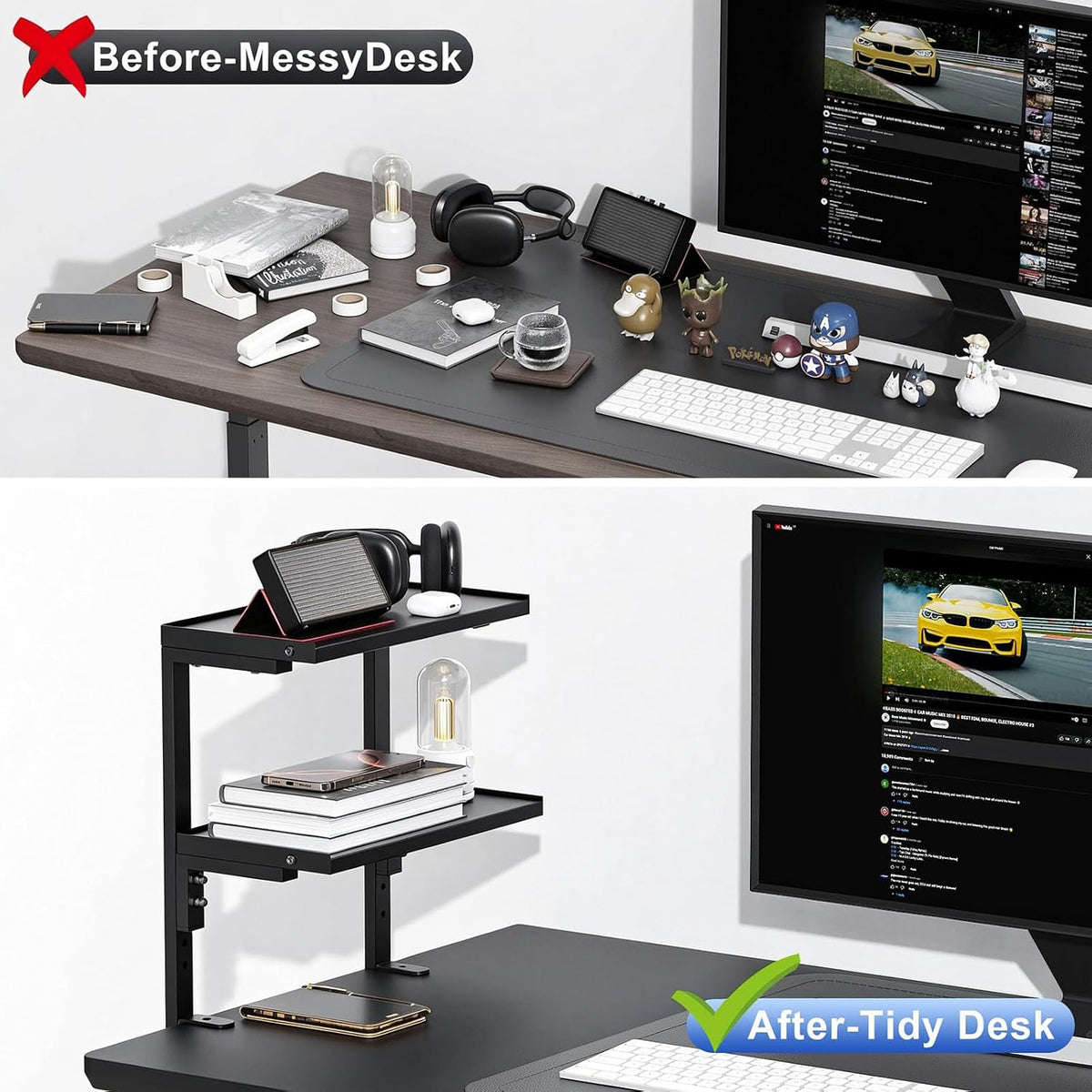 spacrea 2 tier clamp on desk shelf, close-up detail