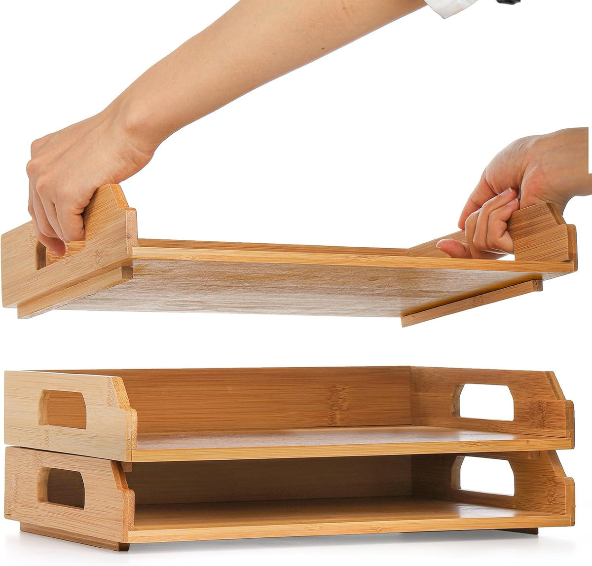 Okllen 3 Pack Stackable Paper Trays, Bamboo Desk Letter Tray Set, 3 Tier File...