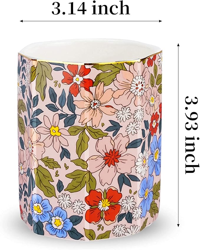 Jwest Pen Holder, Makeup Brush Holder Ceramic Shiny Gold Vintage Floral Flowers - Image 4