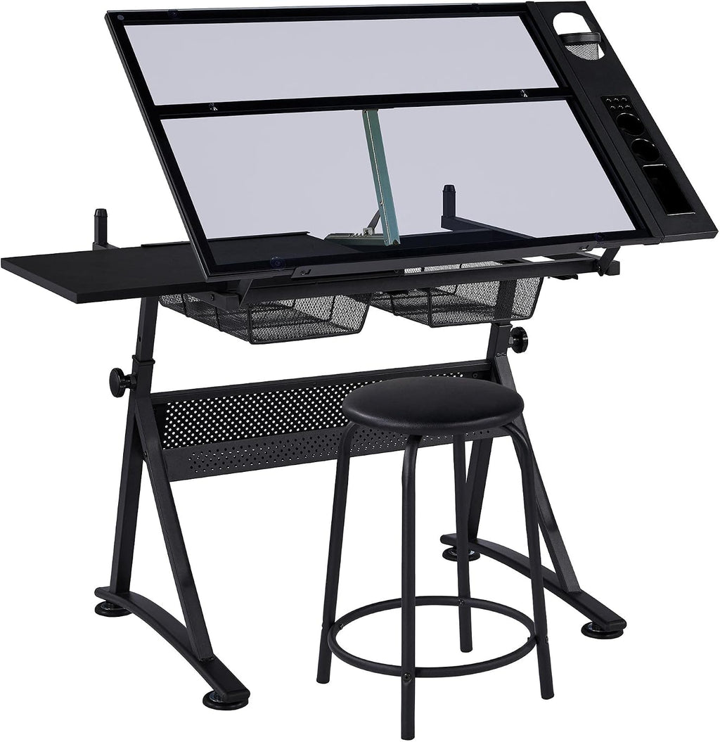 Yaheetech Adjustable Drafting Table & Stool, Tilting Glass Art Desk, Black | Tempered glass top tilts 0-40 degrees for drawing or tracing on a sturdy iron frame, with 2 mesh drawers for craft supplies.
