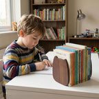 2-Pack Kitten Beech Bookends, 5.5x4.7in | Solid Wood, Natural Grain, Non-Slip Base, Detachable, for Shelves/Desk/Kids Room