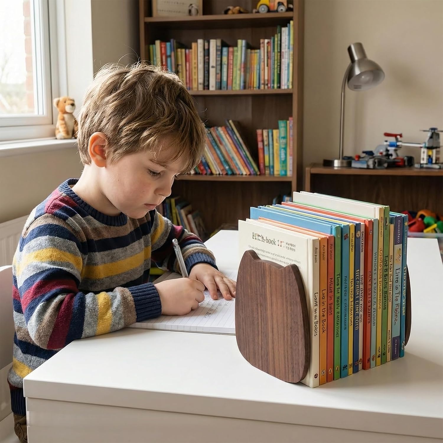 2-Pack Kitten Beech Bookends, 5.5x4.7in | Solid Wood, Natural Grain, Non-Slip Base, Detachable, for Shelves/Desk/Kids Room
