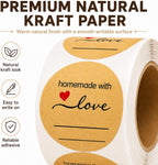 500 Kraft 2 Inch Round Canning Labels | Sticker, Homemade with Love, Round Labels for Jars, Mason Jar, Bakery Stickers, Candle, Small Business Packaging