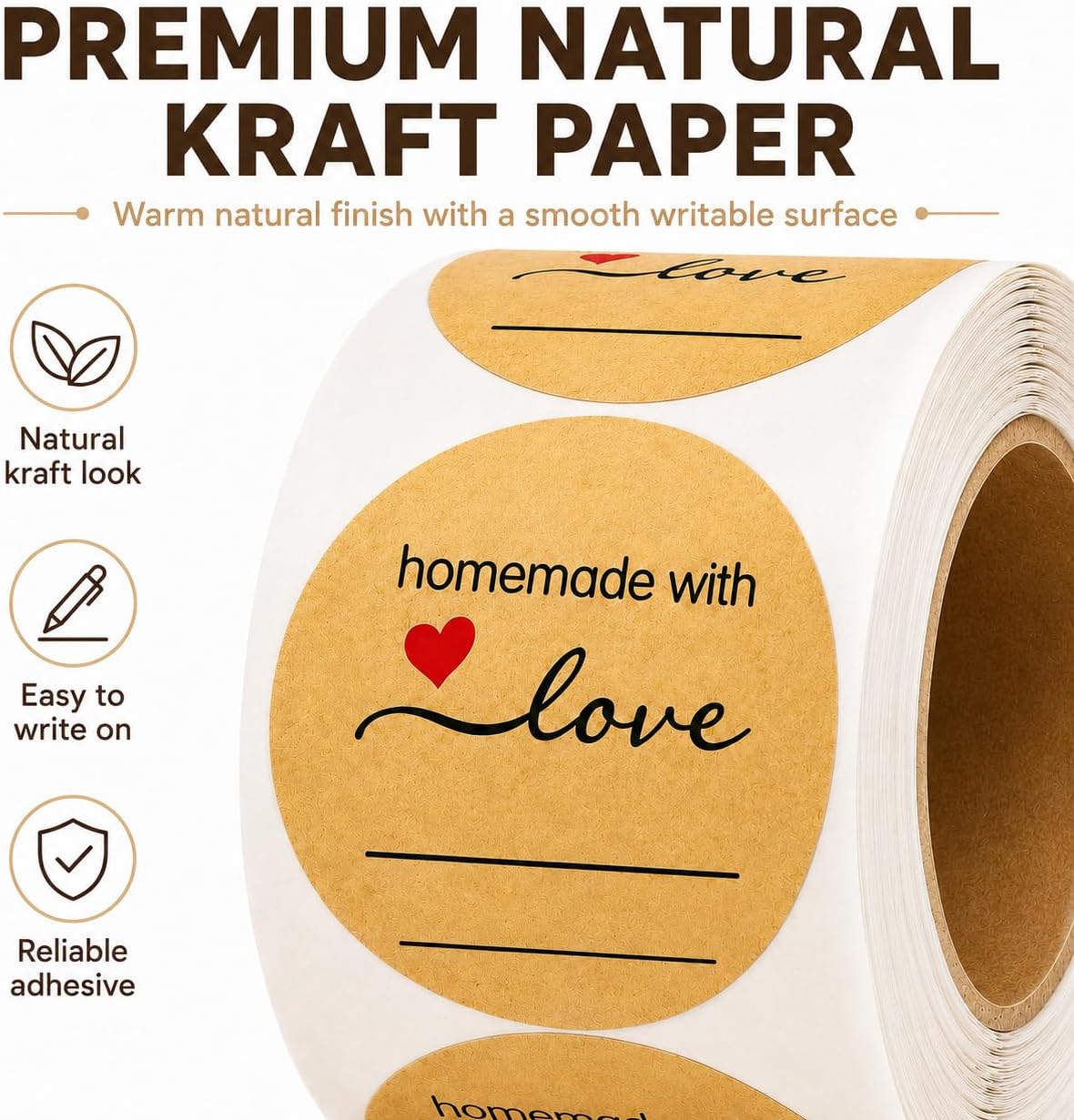 500 Kraft 2 Inch Round Canning Labels | Sticker, Homemade with Love, Round Labels for Jars, Mason Jar, Bakery Stickers, Candle, Small Business Packaging