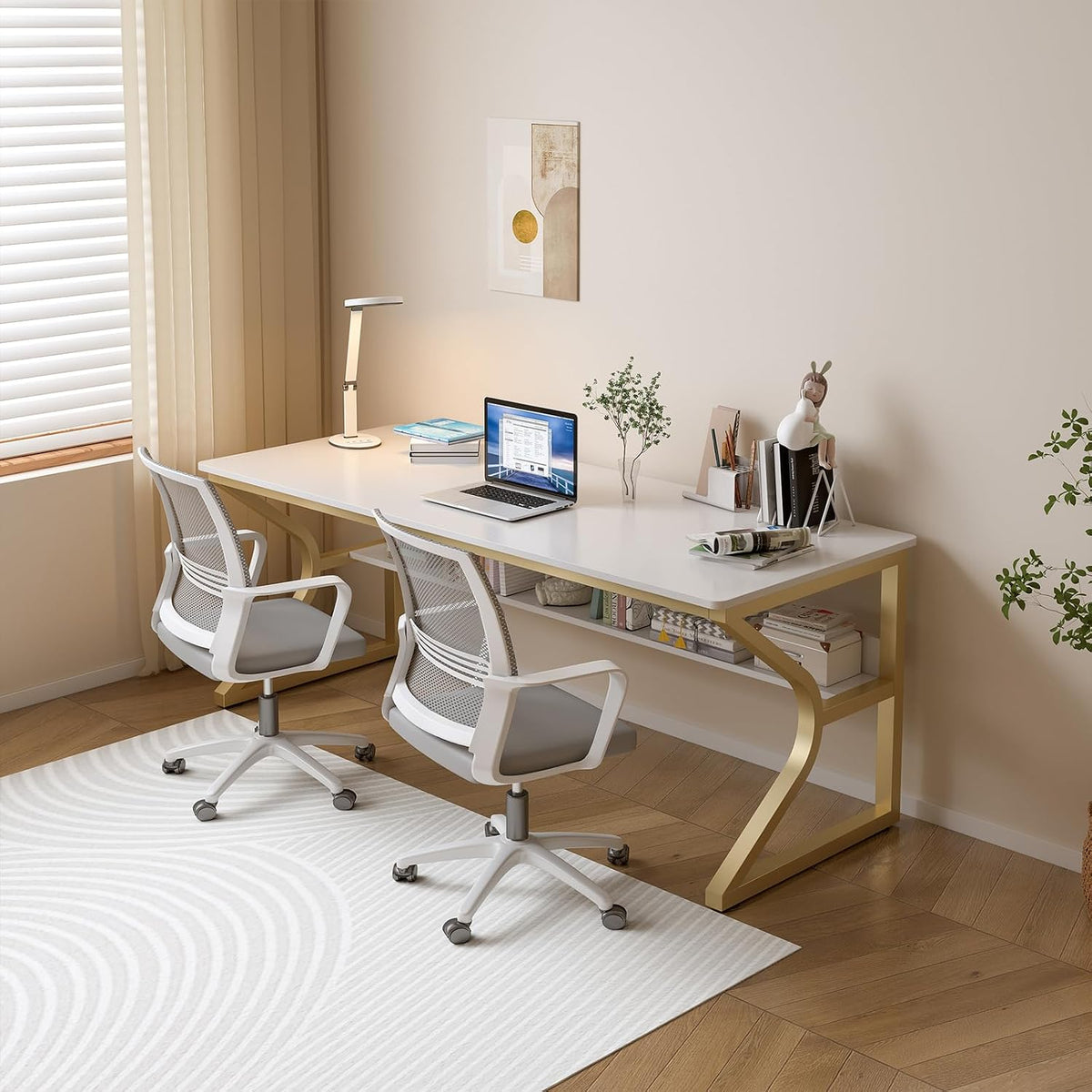 OSCHF 63-Inch Extra Long Desk with Storage Shelf, Gold