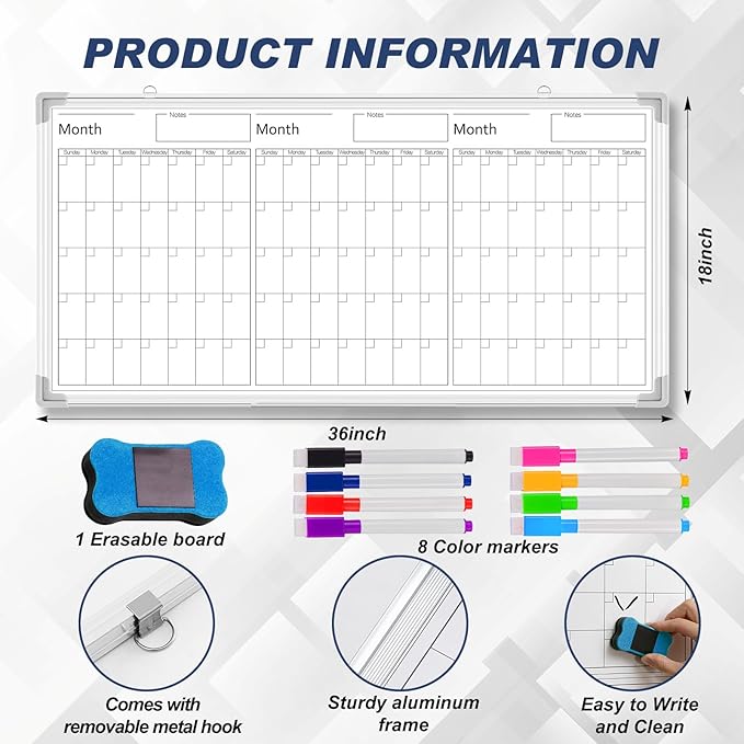 Lincia 36" x 18" Magnetic Horizontal 3 Month Dry Erase Calendar - Image 2