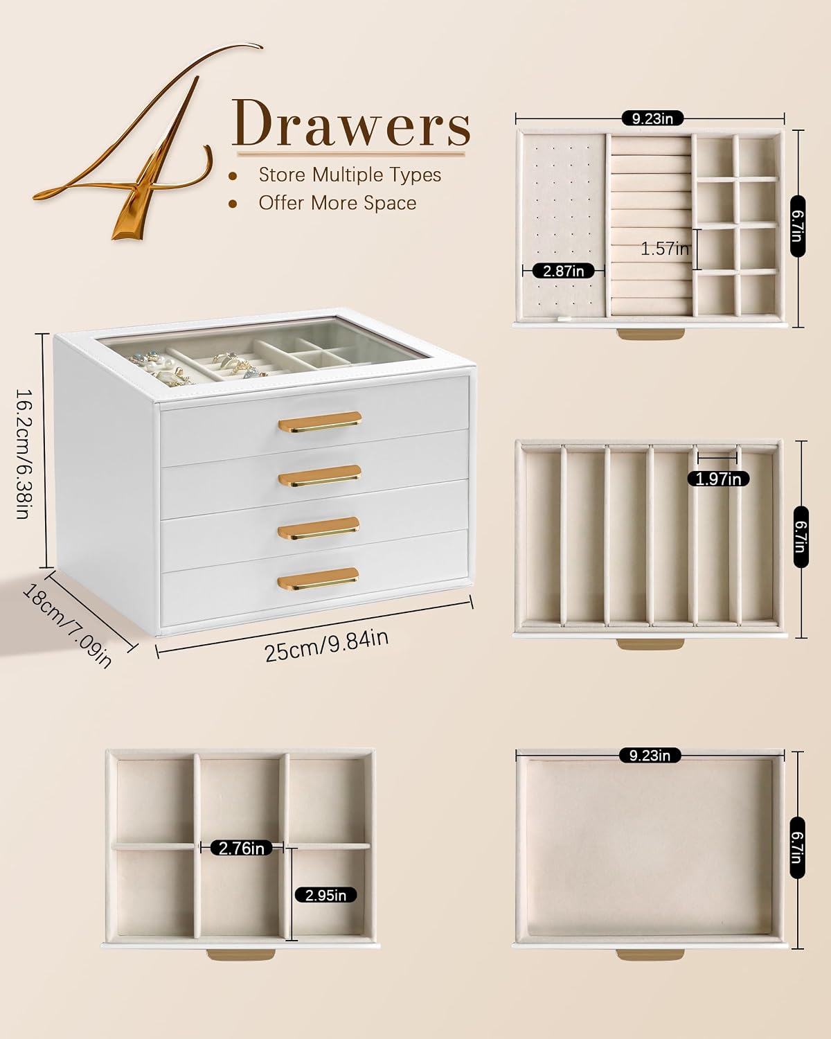 Homeanda Jewelry Boxes Organizer with Glass Lid, 4-Layer PU Leather, White