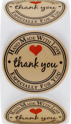 HYBSK Kraft Thank You Hand Made with Love with Red Heart Stickers 1.5" Inch Round Total 500 Adhesive Labels Per Roll (Kraft)