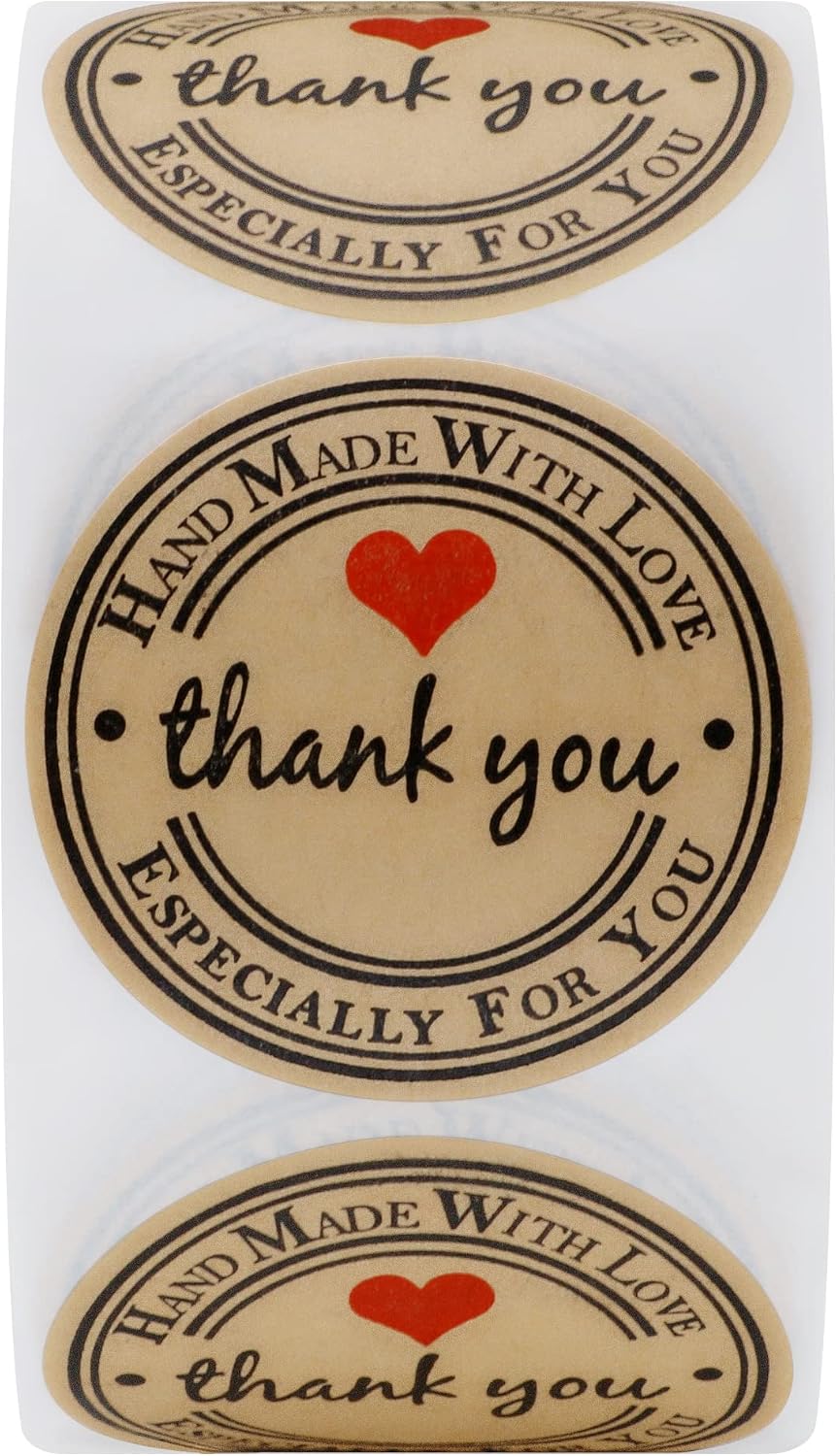 HYBSK Kraft Thank You Hand Made with Love with Red Heart Stickers 1.5" Inch Round Total 500 Adhesive Labels Per Roll (Kraft)