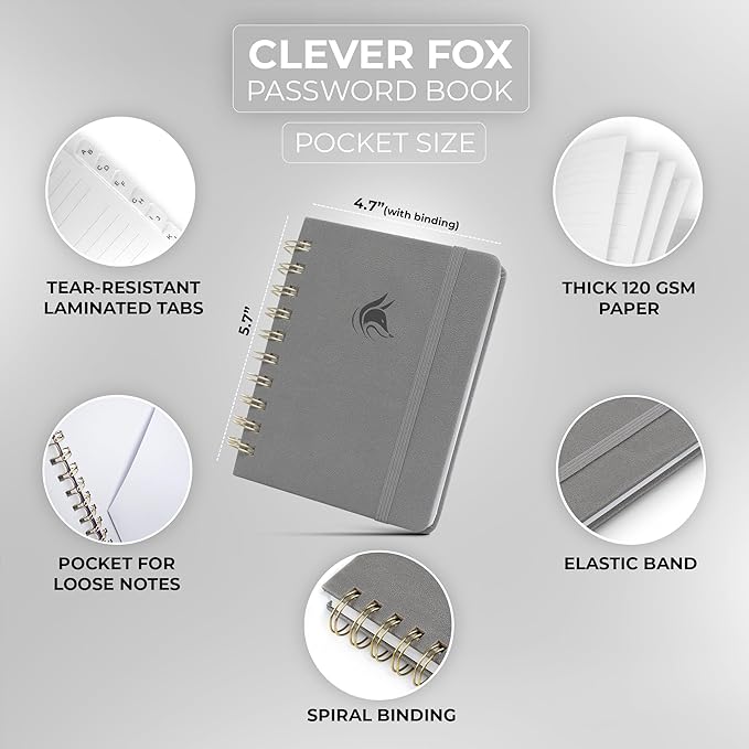 Clever Fox Password Book Spiral – Mini Internet Address & Password Organizer - Image 2