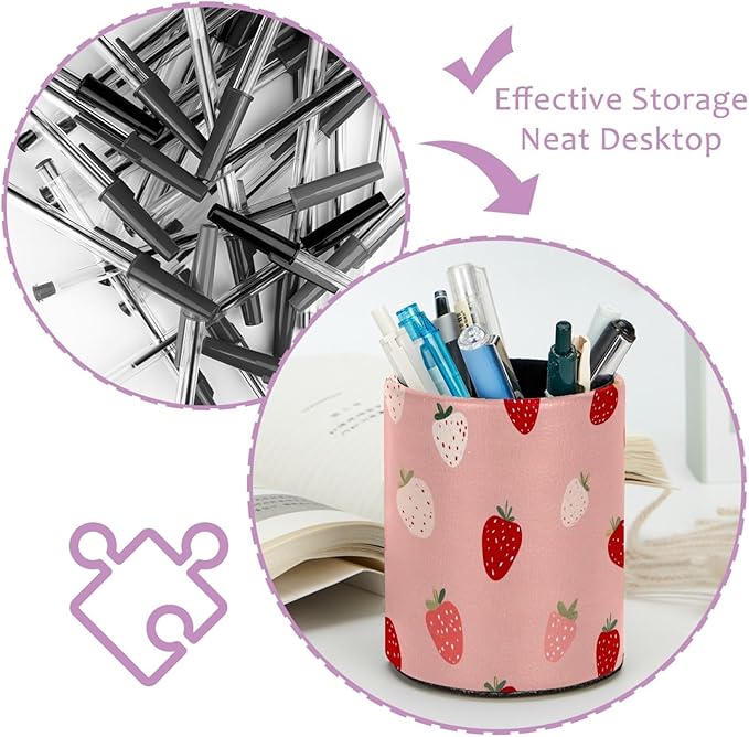 Leather Pen Holder for Desk Strawberries Pencil Cup Desktop Organizer Makeup - Image 4