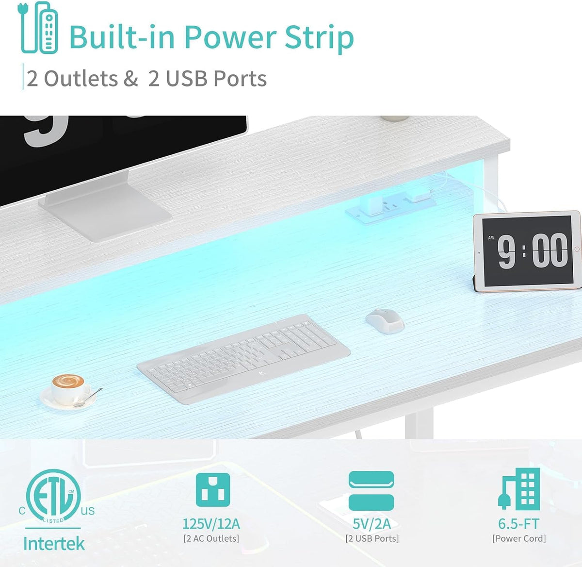 Lufeiya White Computer Desk with LED Lights and Power Outlets, 40 Inch Home O...