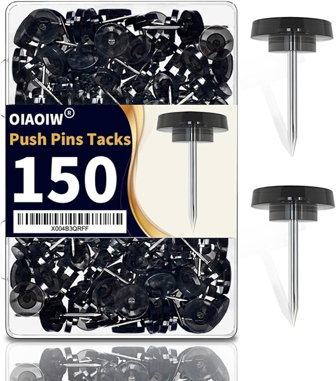 150 PCS Flat Black Push Pins for Wall Clear Thumb Tacks for Walls Flat by OIAOIW