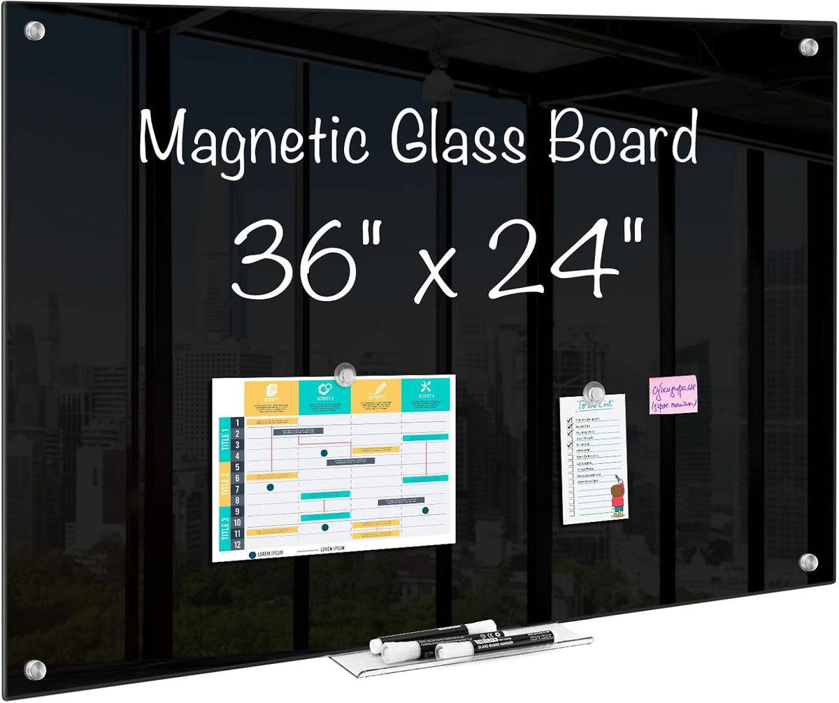 Maxtek Black Magnetic Glass Whiteboard 36 x 24in, Frameless Dry Erase Board