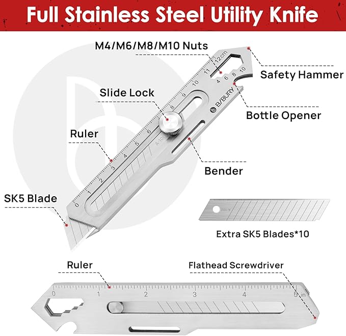 BIBURY 2 Pack Mutipurpose Utility Knife, Heave Duty Full Stainless Steel - Image 2