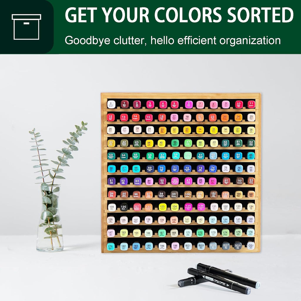 minboo marker organizer for 144 markers, bamboo art showing dimensions