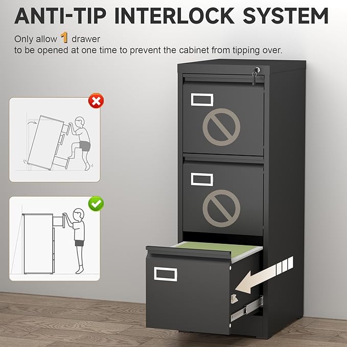 Lockable Vertical Metal File Cabinet 3 Drawer, Steel Filing Cabinet - Image 8
