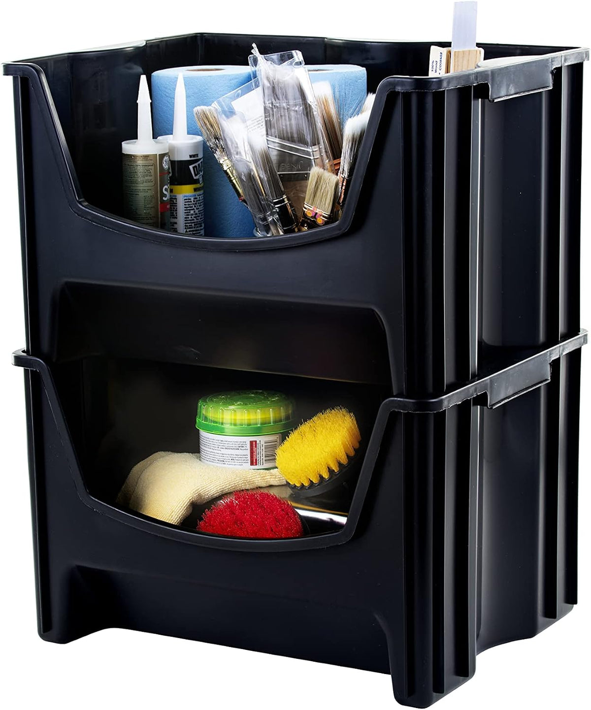 mighty tuff jumbo stackable storage bins, pack of on a desk or shelf