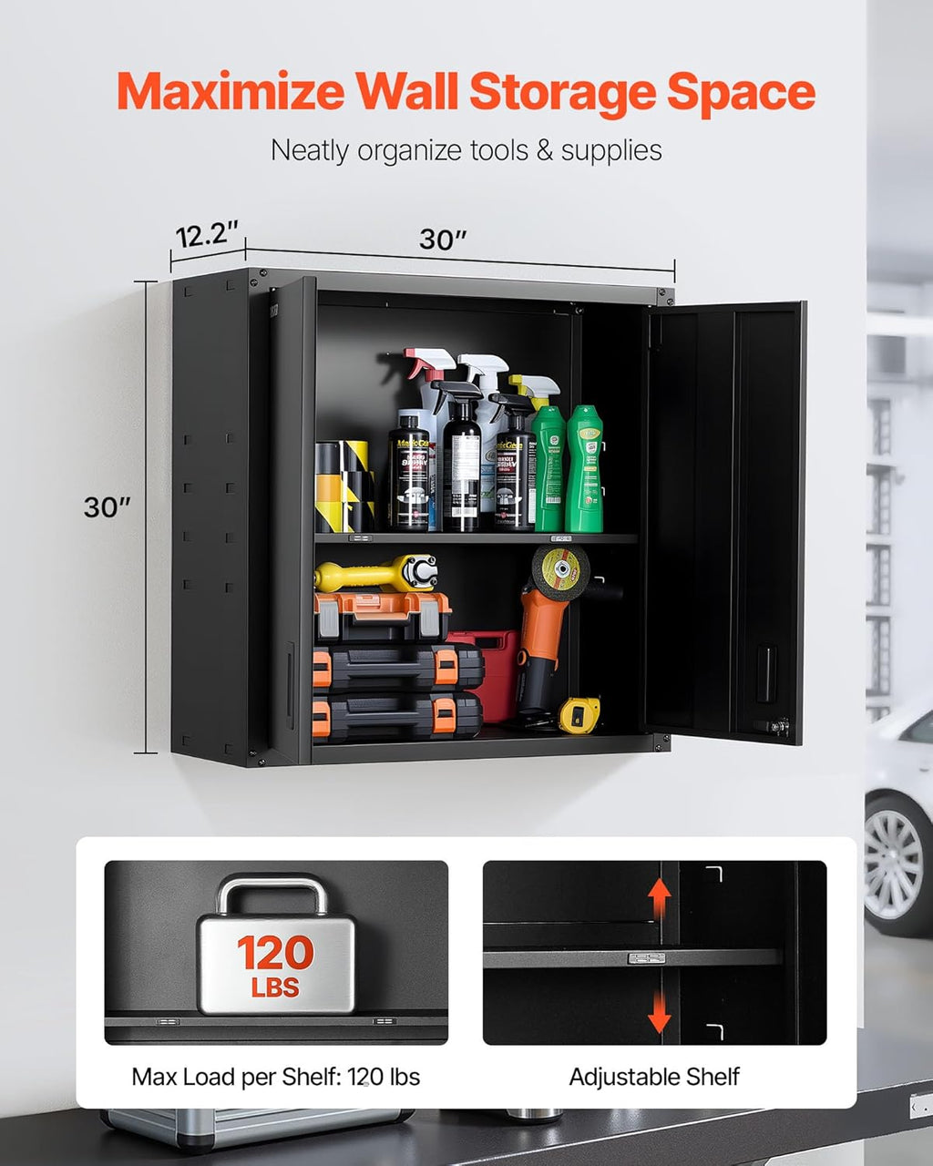 vevor metal wall cabinet, 30w x 12.2d x, close-up detail