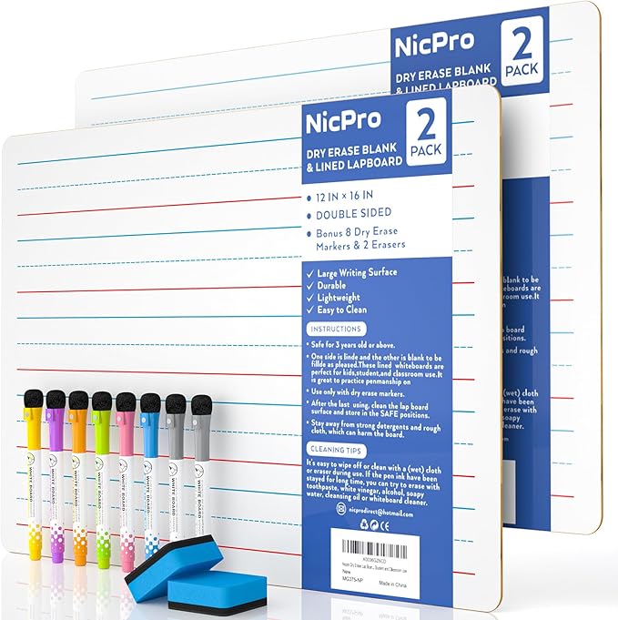 Nicpro Dry Erase Lap Board 12 x 16 inches 2 Pack Ruled Kid Double Sided Blank & by Nicpro