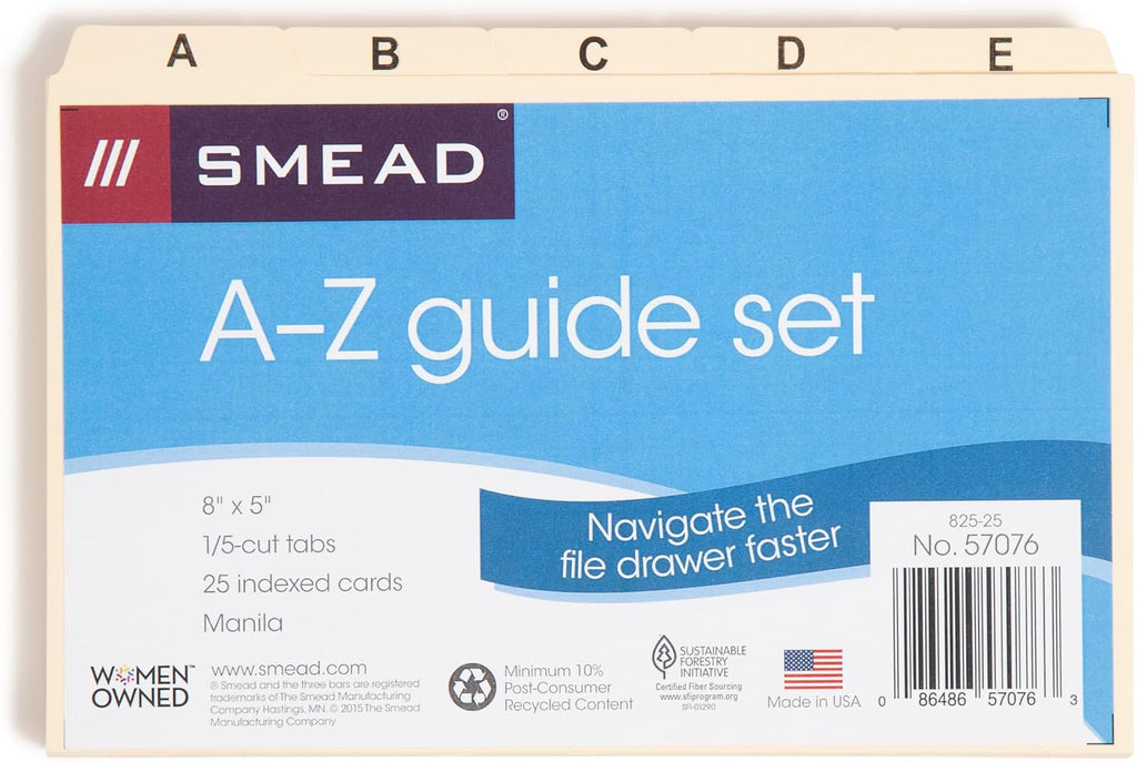 Smead Card Guide, Plain 1/5-Cut Tab (A-Z), 8"W x 5"H, Manila, 25 per Set (57076)