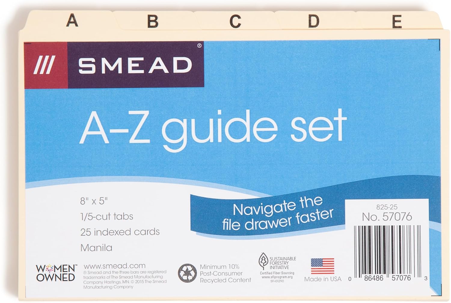 Smead Card Guide, Plain 1/5-Cut Tab (A-Z), 8"W x 5"H, Manila, 25 per Set (57076)