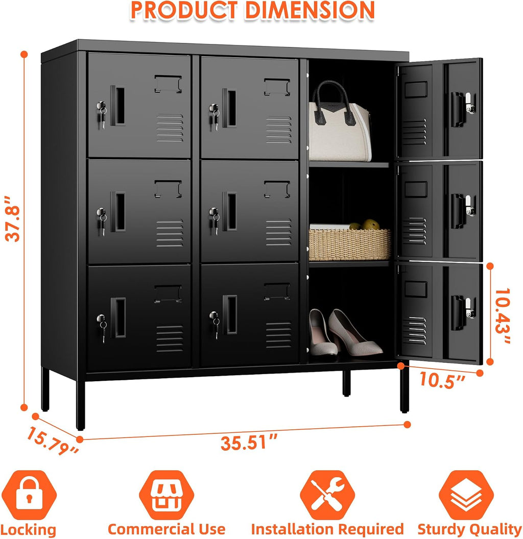 9-Door Metal Employee Locker with Keyed Locks and Raised Feet | 9 keyed compartments with name-card slots, ventilation and raised feet; 35.51"W x 15.79"D x 37.8"H. Assembly required.