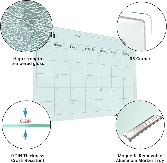 Magnetic Glass Monthly Calendar Whiteboard - Image 2