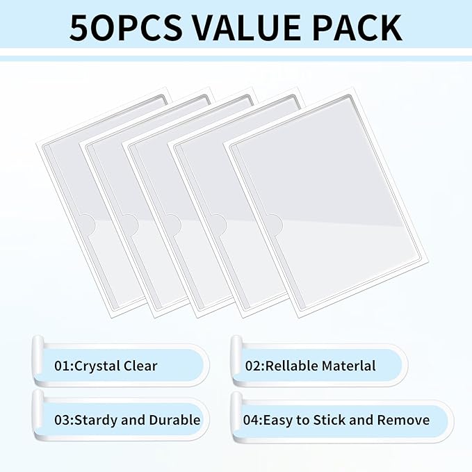 zandfelo 50 Pack 4'' x 6'' Clear Adhesive Index Card Pockets, PVC Labels Holders - Image 2