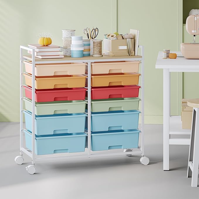 Rolling Storage Cart with 12 Drawers, Wooden Tabletop Utility Cart - Image 9