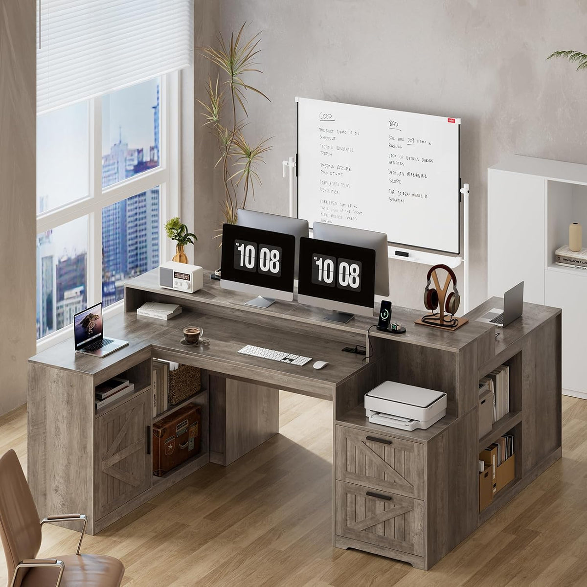 63" Farmhouse L Shaped Desk with Drawers and Printer Stand for Home Office