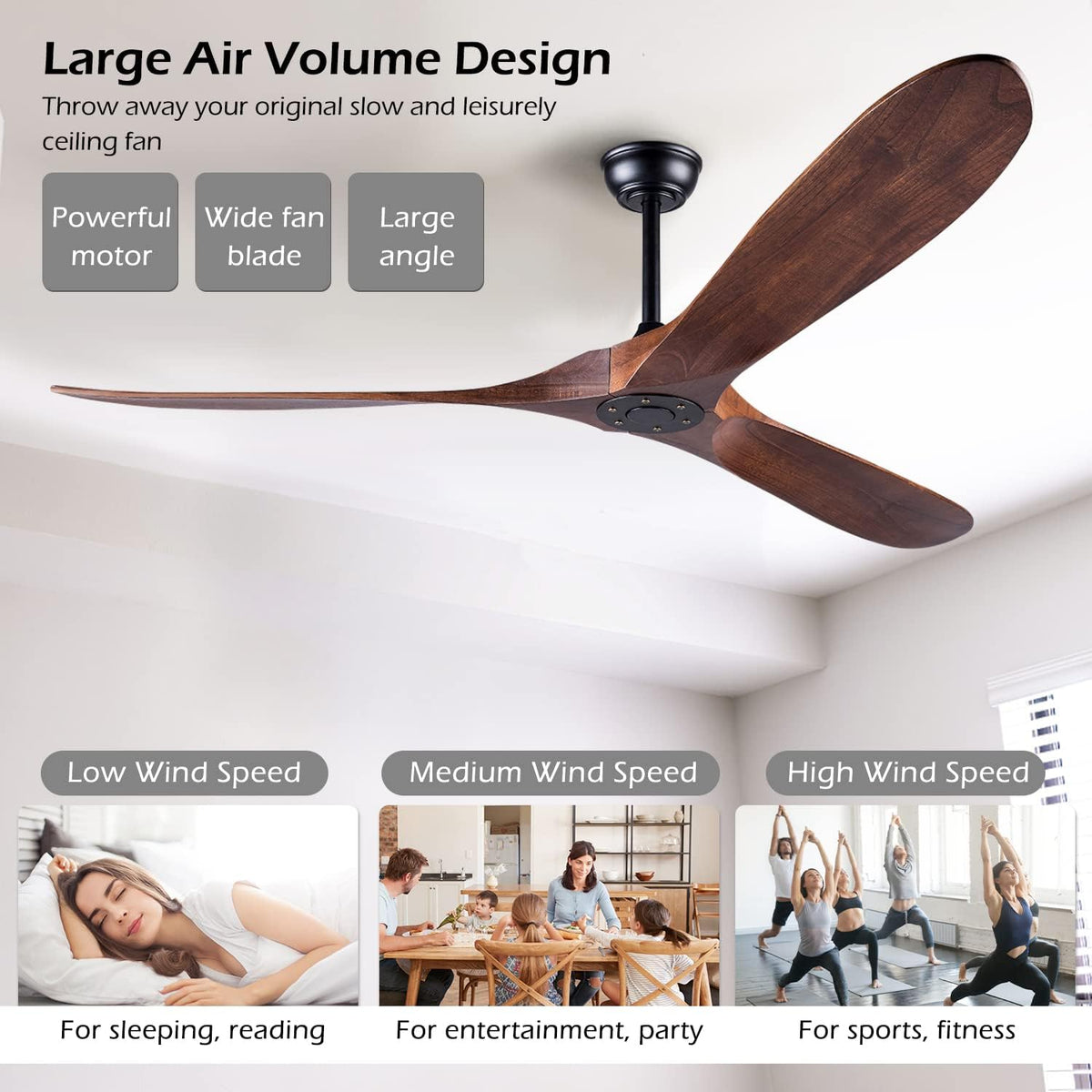 60 inch ceiling fan without light ，wood indoor, close-up detail