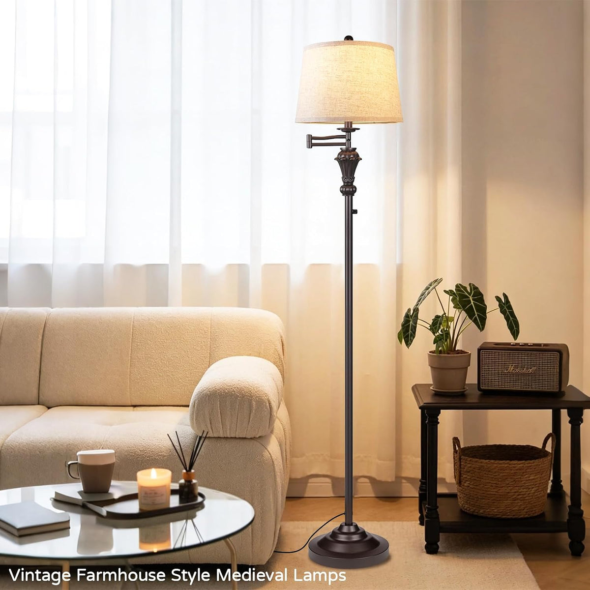 Dimmer Vintage Floor Lamp,Tall Standing Lamp with Adjustable Swing Arm,Brown ...