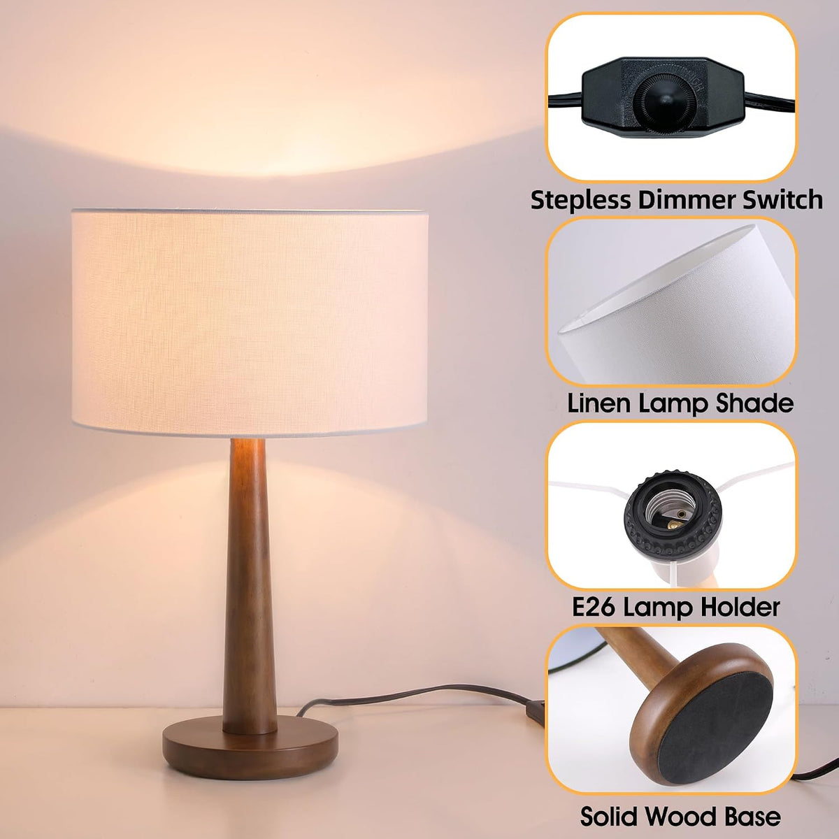 18.5" Modern Dimmable Walnut Wood Table Lamp with Linen Shade, White