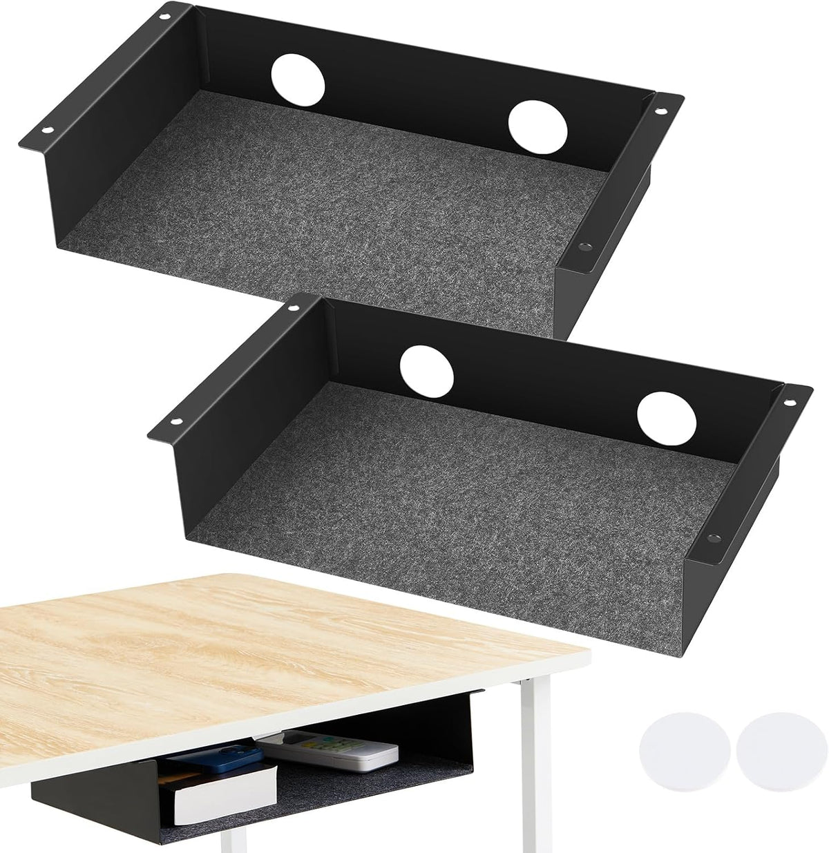 Yaocom 2 Pack Under Desk Hanging Shelf, Carbon Steel Storage Tray with Mute F...