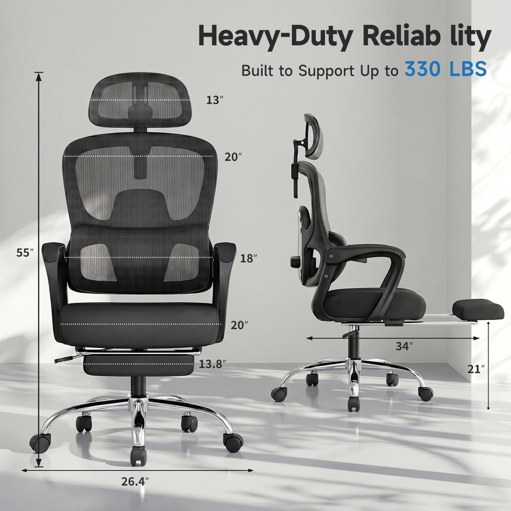 Ergonomic Office Chair with Footrest, 90-145° Reclining Desk Chair with Adjustable Lumbar Support & Headrest, High Back Mesh Computer Chair for Home Office/Gaming, 350lbs Capacity