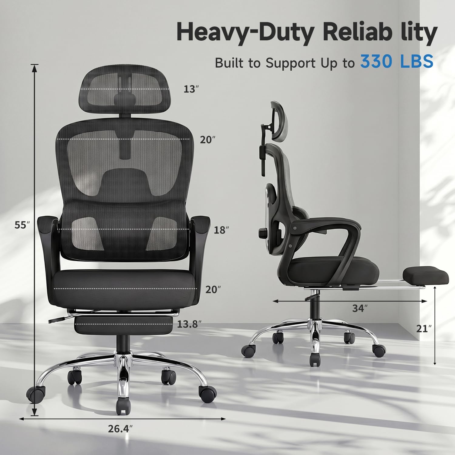 Ergonomic Office Chair with Footrest, 90-145° Reclining Desk Chair with Adjustable Lumbar Support & Headrest, High Back Mesh Computer Chair for Home Office/Gaming, 350lbs Capacity