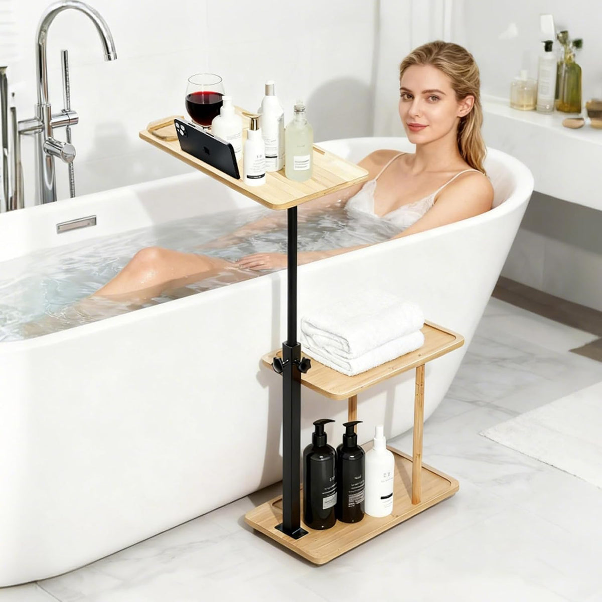 3 Layer Bathtub Tray Table,Bamboo Swivel Bathtub Side Table Height Adjustable...