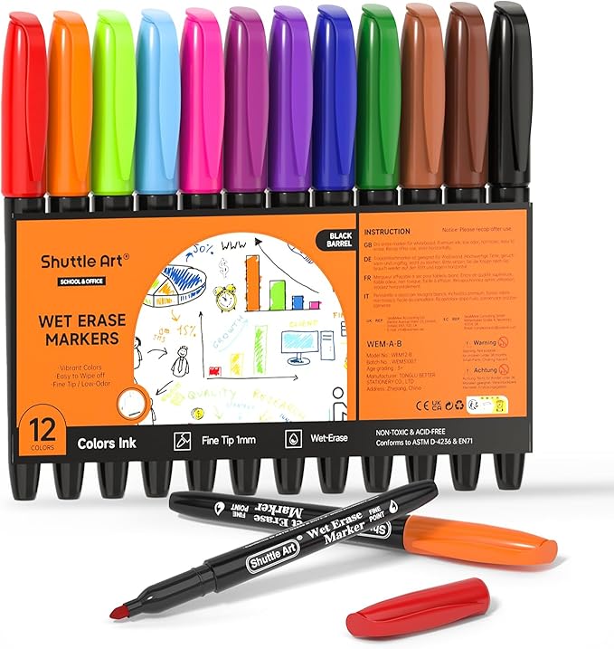 Shuttle Art Wet Erase Markers, 12 Colors 1mm Fine Tip Smudge-Free Markers by ShuttleArt