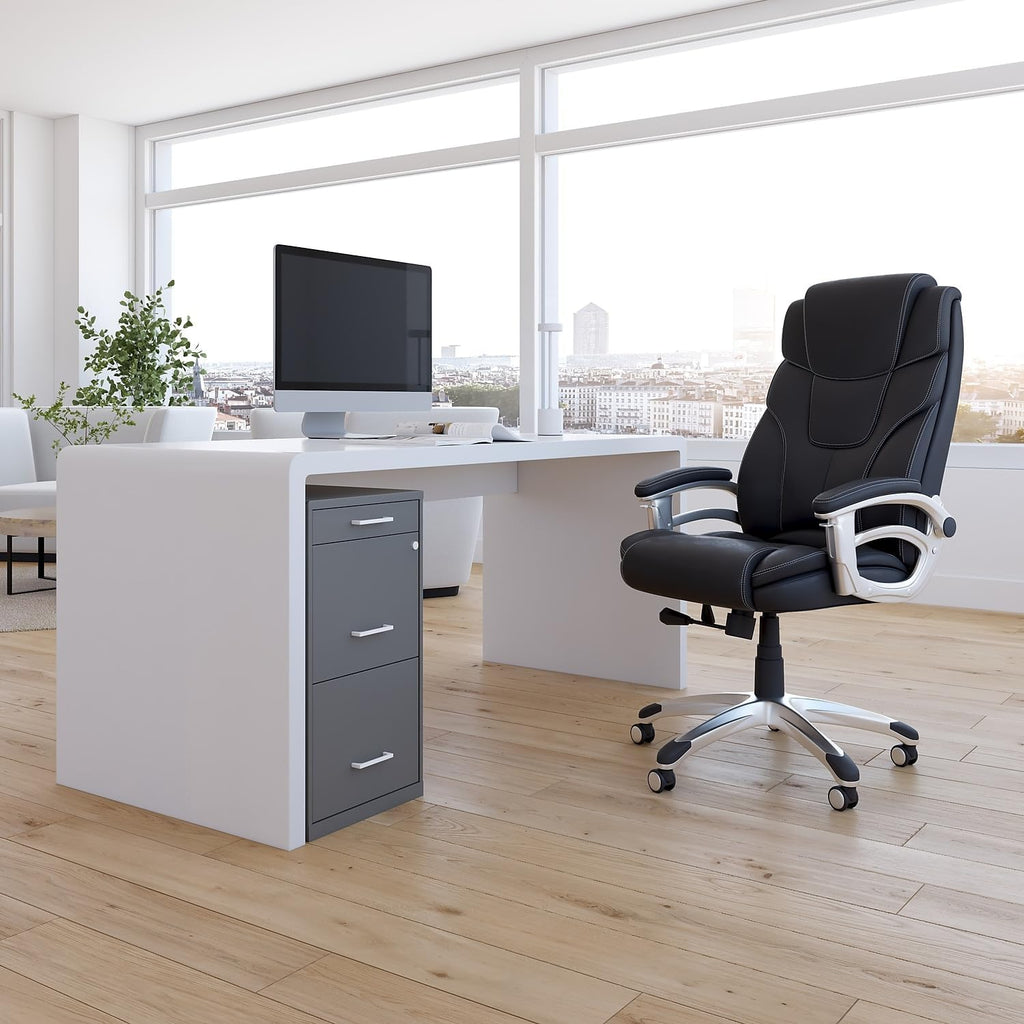 staples 3-drawer vertical file cabinet, letter size, lockable shown in use