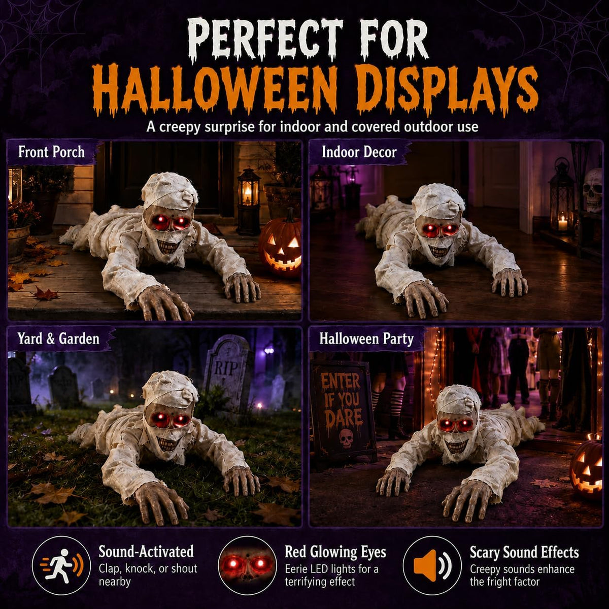 Sound Activated Crawling Mummy Halloween Decoration, Skeleton Face Prop