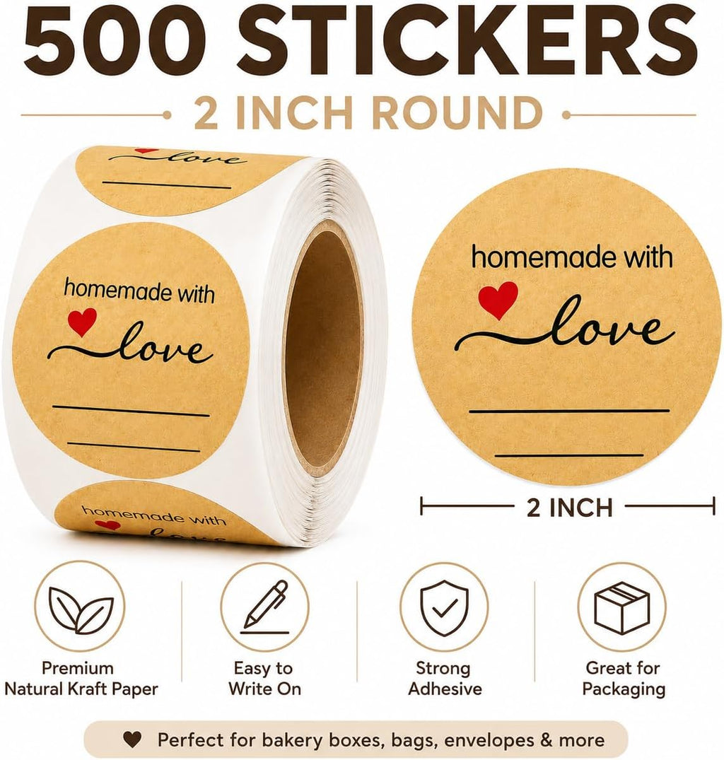 500 Kraft 2 Inch Round Canning Labels | Sticker, Homemade with Love, Round Labels for Jars, Mason Jar, Bakery Stickers, Candle, Small Business Packaging