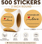 500 Kraft 2 Inch Round Canning Labels | Sticker, Homemade with Love, Round Labels for Jars, Mason Jar, Bakery Stickers, Candle, Small Business Packaging