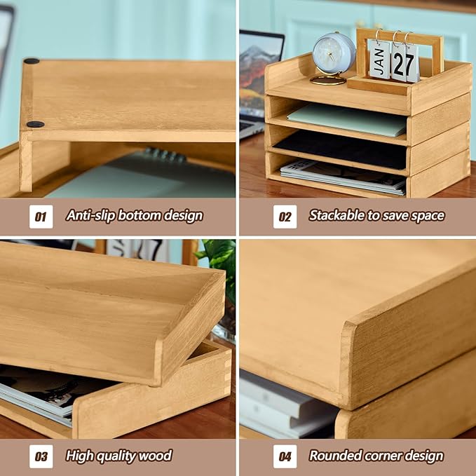 Yeaqee 4 Pcs Stackable Paper Organizer Tray Wood Desk Organizer Letter Tray - Image 3