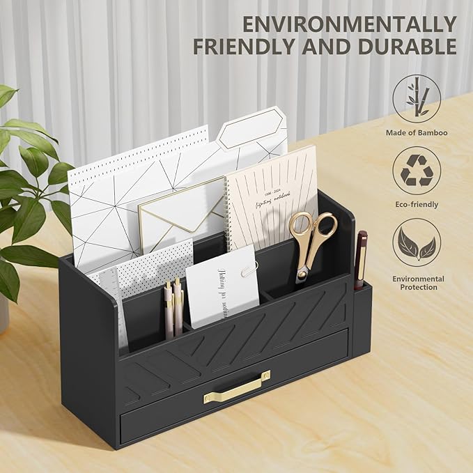 WISUCART Bamboo Desk Organizer Mail Holder Countertop Wood Desk Drawer Tabletop - Image 2